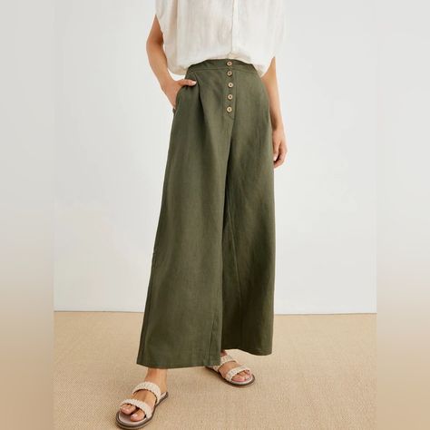 Style Vert, Linen Culottes, Feminine Patterns, Linen Drawstring Pants, Green Trousers, Pantalon Large, Pants Wide Leg, Drawstring Pants, Palazzo Pants