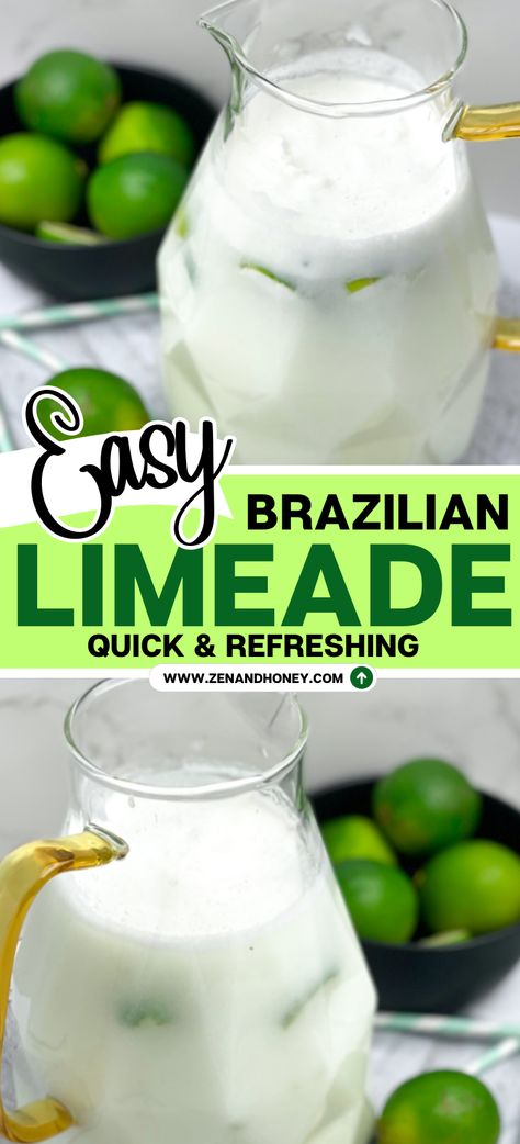 Brazilian Limeade – is the perfect, refreshing beverage you can enjoy all summer long! Refreshing, light Brazilian Limeade packed with lime flavor and creaminess. It’s quick, easy and will be a hit at every summer BBQ! Fresco, Essen, Brazilian Limeade, Summer Juice Recipes, Lime Juice Recipes, Brazilian Drink, Brazilian Lemonade, Limeade Recipe, Frozen Limeade