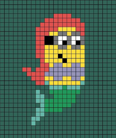 A pixel art template of a Minion from Dispicable Me dressed up as Ariel from Disney's, The Little Mermaid. Bibble Barbie Pixel Art, Small Disney Pixel Art, Pixel Art Mermaid, Patrick Pixel Art, Minion Perler Bead Patterns, Perleplader Ideas Disney, Spongebob Pixel Art, Disney Pixel Art, Pixel Art Disney