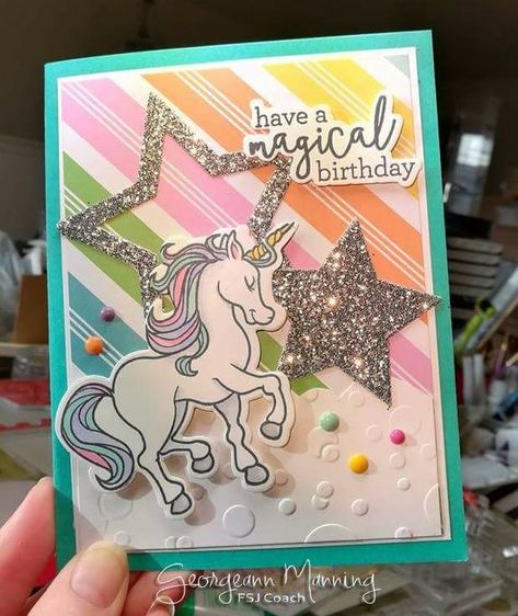 Georganne Manning, Fun Stampers Journey Unicorn Handmade Cards, Unicorn Cards Handmade, Birthday Card Pictures, Princess Card, Unicorn Birthday Cards, Unicorn Card, Gifts Wrapping Diy, Girl Birthday Cards, Magic Cards