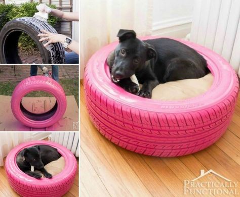 It’s an easy DIY projects for your fur friends by spray painting the surface of an recycled old tire/tyre and simply stuff it with a comfy round pillow. While the result looks chic enough for home, too. Recycled Tyre Dog Bed Tutorial  via Practically Functional What a cool and easy … Diy Pet Bed, Dog House Diy, Diy Dog Bed, Tyres Recycle, Old Tires, Dog Daycare, Dog Houses, Diy Stuffed Animals, Diy Bed