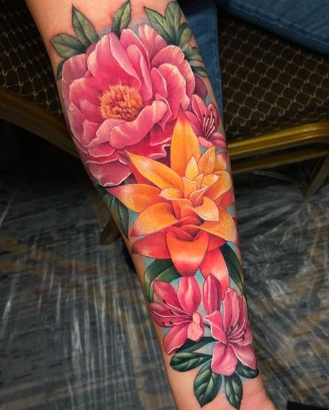 Adriana Hallow - Flowers Composition - Tattoo Arm #TATTOO #TATTOOIDEAS #TATTOONYC #INKOLOGY #TATTOODESIGN #TATTOODESIGNS #TATTOOSNYC #TATTOOSTUDIO #TATTOOPARLOR #ARTGALLERY #ART #TATTOOART Flowers With Color Tattoo, Colorful Tattoo Cover Up Ideas, Vibrant Flower Tattoo, Bright Floral Tattoo, Color Arm Tattoos For Women, Flower Tattoos With Color, Color Flower Tattoos For Women, Tropical Sleeve Tattoo For Women, Tropical Flowers Tattoo