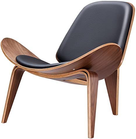 Hans Wegner Style Three- Legged Shell Chair Ash Plywood Black Faux Leather Accent Chair Living Room Furniture Mid-Century Modern Shell Chair (Walnut Color-Black Leather) Hans Wegner Shell Chair, Walnut Wood Chair, Rosewood Furniture, Mid Century Lounge, Mid Century Lounge Chairs, Single Sofa Chair, Leather Accent Chair, Black Walnut Wood, Red Chair