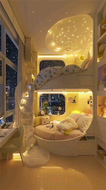 One Bed Bunk Bed, Aesthetic Bunk Bed Rooms, 2 People Room Ideas, 2 Beds In One Room Ideas Aesthetic, Badroom Bad Desine, Circle Bed Aesthetic, Natural Room Aesthetic, Cozy Bed Ideas Comfy, Cool Bunk Bed Ideas