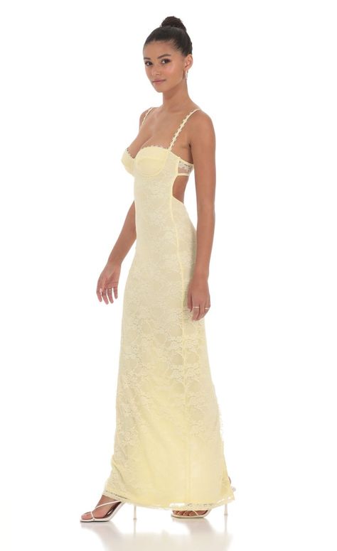 Lace Floral Trim Maxi Dress in Yellow | LUCY IN THE SKY Yellow Maxi Dress, Prom Dresses Yellow, Hoco Dress, Classy Prom Dresses, Theme Dress, Casual Day Dresses, Prom Dress Inspiration, Cute Prom Dresses, Pretty Prom Dresses