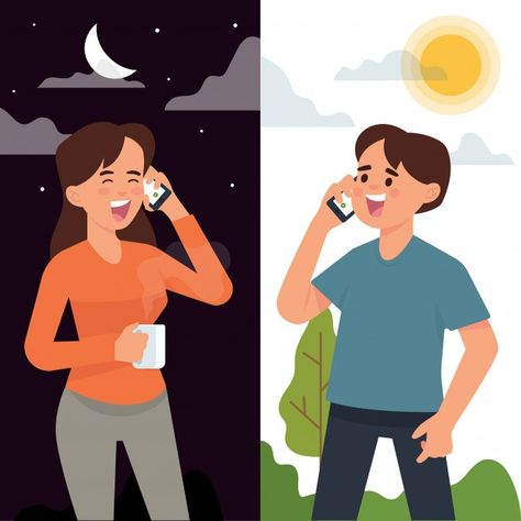 Couple having phone call in different ti... | Premium Vector #Freepik #vector #coffee #people #heart #love Call Couple, Story Boarding, Dream Life Vision Board, Chibi Poses, Cartoon Pic, All Cartoon, Cartoon Couples, Eagle Pictures, Phone Cover Design