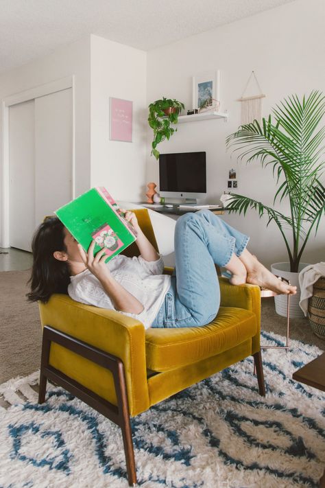 Living Room Tour — arielle vey | photography Glitter Room, Mid Century Modern Lounge Chairs, Gold Chair, Yellow Chair, Imposter Syndrome, Living Room Update, Living Room Loft, Chair Bed, Trik Fotografi