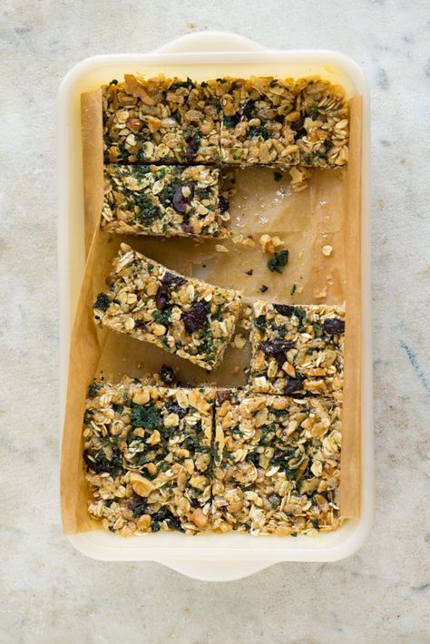 Savory Do-It-Yourself Power Bars - Based on the recipe published years ago in Super Natural Cooking. The main difference here these are more savory with toasted walnuts, crumbled kale chips, and oil-cured olives.  - from 101Cookbooks.com Power Bars Recipe, Energy Bars Homemade, Savory Granola, Natural Cooking, Power Bars, Energy Bars, Granola Bars, Protein Snacks, Savory Snacks