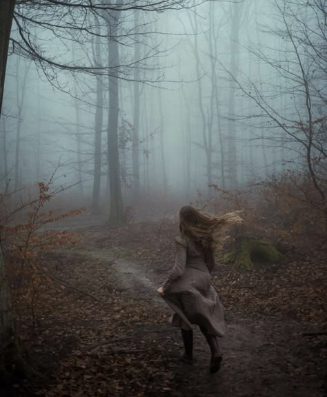 Photoshoot In Woods Ideas, Out Of The Woods Aesthetic, Portrait In The Woods, Slewfoot Book Aesthetic, Witch Fall Aesthetic, Foggy Photoshoot Photo Ideas, Witch In The Woods Aesthetic, Moody Winter Photoshoot, Foggy Forest Photoshoot