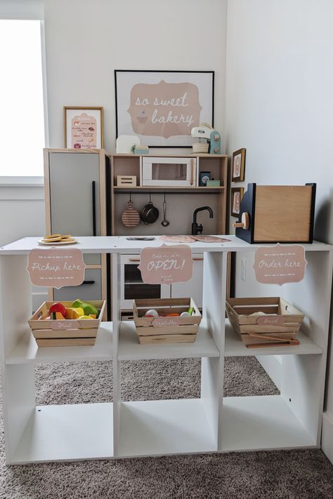 Ikea Play Kitchen Store, Play Kitchen In Kitchen, Grocery Play Area, Working Play Kitchen, Pretend Play Playroom Ideas, Playroom Pretend Play Area, Pretend Play Area At Home, Play Kitchen Remodel, Play Kitchen Set Up Ideas