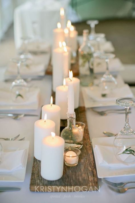 Adding wood and white winter decor after Christmas makes your home feel warm and cozy and creates the perfect space to snuggle. Rustic Centerpiece Wedding Long Tables, Minimalistic Party Decor, Decor After Christmas, White Party Theme, Long Tables, Tafel Decor, Candle Ideas, Candle Table, Table Runners Wedding