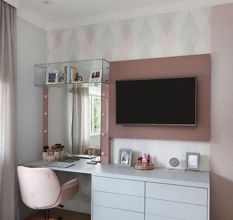 Vanity Panel from @vees_interior_decor Bedroom Tv Wall With Vanity, Vanity Desk Under Tv, Vanity In Room Ideas, Vanity Built Into Wall, Tv Over Vanity In Bedroom, Tv Above Vanity, Vanity And Tv In Bedroom, Vanity Under Tv, Tv Over Desk In Bedroom