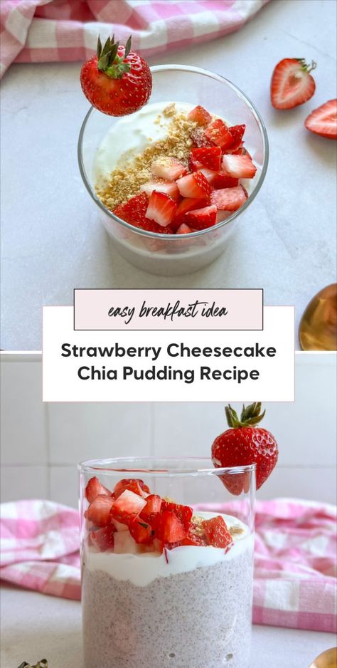 This strawberry cheesecake chia seed pudding is the perfect brunch recipe! Packed with protein and fiber it's the perfect make ahead breakfast. If you're looking for a yummy chia seed pudding this is it. You are sure to love this strawberry cheesecake chia seed pudding! Healthy Breakfast With Protein, Cheesecake Chia Pudding, Breakfast With Protein, Strawberry Chia Seed Pudding, Chia Seed Breakfast, High Fiber Breakfast, Chia Seed Recipes Pudding, Chia Recipe, Healthy Lunch Snacks