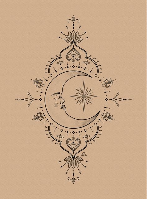 Ornamental moon tattoo design by Rachell Michelle Pretty Chest Tattoos For Women, Mystical Hand Tattoo, Sun And Moon Scales Tattoo, Celestial Chest Tattoo Female, Aztec Moon Tattoo, Sun And Moon Tattoo Ornamental, Bohemian Moon Tattoo, Moon Tattoo Designs Goddesses, Ornamental Moon Tattoo