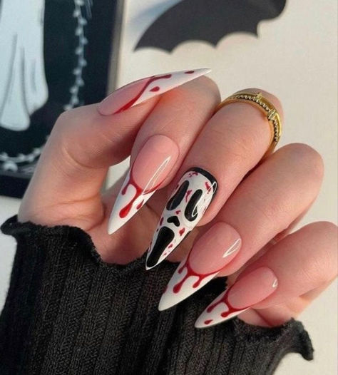 Horror Nails, Nail Art Halloween, Black Ghost, Long Press On Nails, Halloween Press On Nails, Halloween Acrylic Nails, Halloween Tattoo, Thanksgiving Nails, Halloween Nail Designs