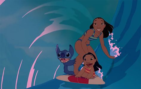 Lilo, Stitch and Nani surfing in Disney's Lilo & Stitch Disney Characters Lilo, Lilo And Nani, Lilo And Stitch 2002, Lilo And Stitch Movie, Walt Disney Cartoons, Disney Mignon, ليلو وستيتش, Stitch Movie, Animation Disney