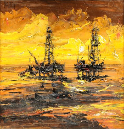 JIM RABBY (American/Texas 20th Century) A PAINTING, "Offshore Rigs," oil on canvas, signed U/L. 4 Oil Rig Painting, Oil Rig Jobs, Texas Oil, Petroleum Engineering, Water Well Drilling, Oil Platform, Oil Field, Oil Drilling, Texas Artist