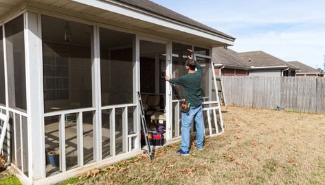 So Long, Buggy Nights: Here’s the Cost to Add a Screened-In Porch Replacement Patio Doors, Porch Enclosures, Porch Addition, Bungalow Renovation, Door Replacement, Porch Railing, Cost To Build, Patio Door, Replace Door