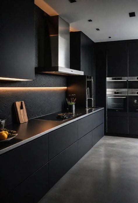 43 Aesthetic Kitchen Ideas to Transform Your Space 27 Black Modern Kitchen Ideas, All Black Kitchen Ideas Modern, Sleek Black Kitchen, Dark Kitchen Inspiration, Black Kitchens Modern, Dark Minimalist Interior Design, Dark Luxury Kitchen, Dark Kitchen Aesthetic, Dark Kitchen Design