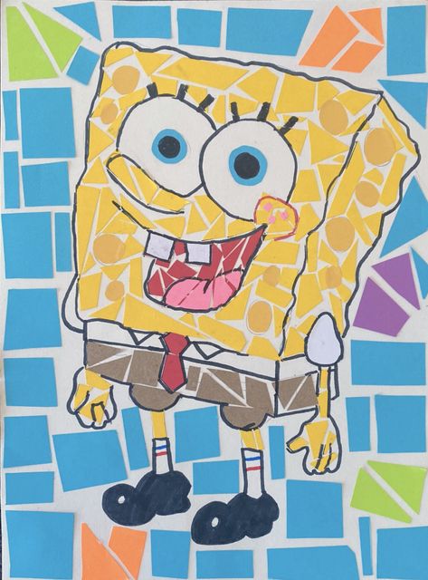 Simple mosaic out of little peices of paper to make the beloved spongbob. (Fun fact the brown in his pants was a cut up paper bag) Paper Mosaic Art Ideas, Diy Mosaic Projects, Mosaic Drawing, Simple Mosaic, Eggshell Mosaic, Easy Mosaic, Mosaic Art Diy, Paper Mosaic, Paper Art Projects