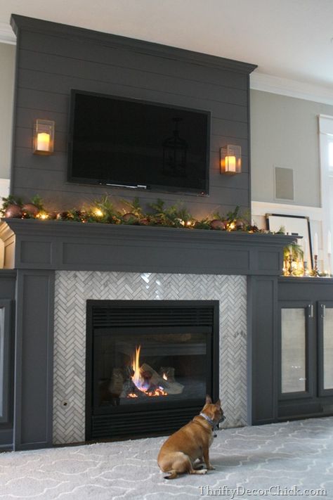 Fireplace Herringbone Tile, Family Room Fireplace Ideas, Fireplace Herringbone, Living Room Furniture Placement, Room Fireplace Ideas, Home Office Design Layout, Fireplace Walls, Grey Fireplace, Black Painted Walls