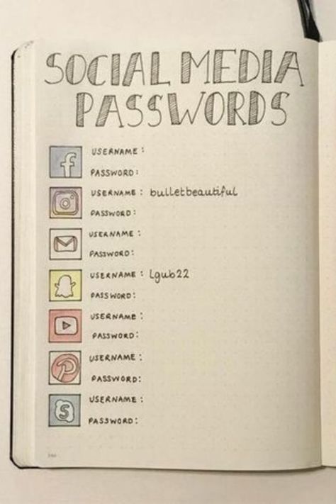 Social Media Passwords, Bullet Journal Page Ideas, Journal Page Ideas, Bullet Journal Lists, Bullet Journal Work, خريطة ذهنية, Bullet Journal Page, Penanda Buku, Bullet Journal 2020