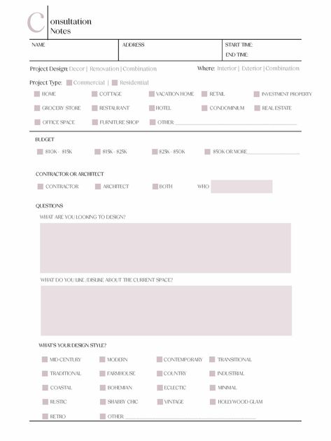 Interior design client consultation fillable form. This form is a fillable client questionnaire for design projects. You can collect client details such as:  Interior Design Style Design Budget  Colour selection Design Space  Renovations Properties  Contractor/ Architect Likes/Dislikes  Furniture selection  Design Finishes  AND MORE! Interior Design Price List, Information Sheet Design, Design Consultation Template, Pdf Form Design, Interior Design Budget Template, Client Questionnaire Templates, Client Brief Architecture, Design Questionnaire Template, Small Business Interior