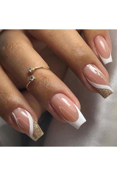 24Pcs Press on Nails Medium Length Coffin Fake Nails Nude Glossy White Gold Dust Design White And Gold French Nails, Nails Medium Length Coffin, Gold Coffin Nails, Acrylic Nails Nude, Nails Medium Length, Press Nails, Press On Nails Medium, Nails Nude, French Nail Designs