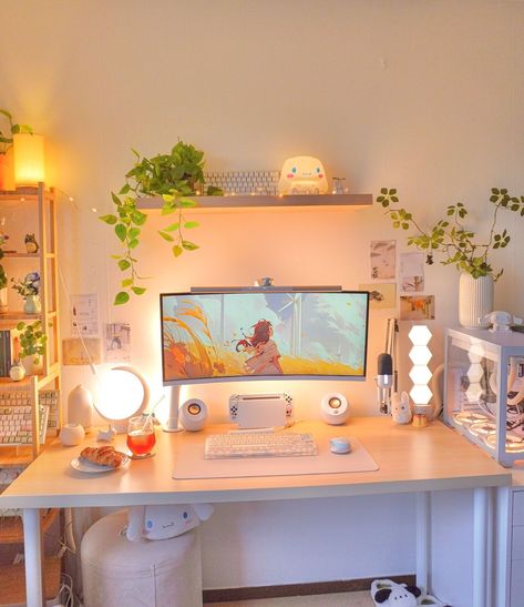 Dorm Desk Organization, Dorm Desk, Gaming Desk Setup, Cozy Gaming, Cozy Desk, Cozy Office, Dream Desk, Study Desk Decor, Green Desk