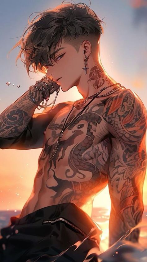 Illustration Tattoo, Dark Anime Guys, Hot Anime, Anime Guys Shirtless, Cool Anime Guys, Guy Drawing, Anime Tattoos, Dark Anime