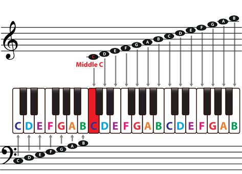 An overview of the staff notes and their positions on the piano keyboard Music Theory Piano, Piano Sheet Music Letters, Music Key, Piano Lessons For Kids, Beginner Piano Music, Reading Sheet Music, Piano Chords Chart, Piano Lessons For Beginners, Piano Notes Songs