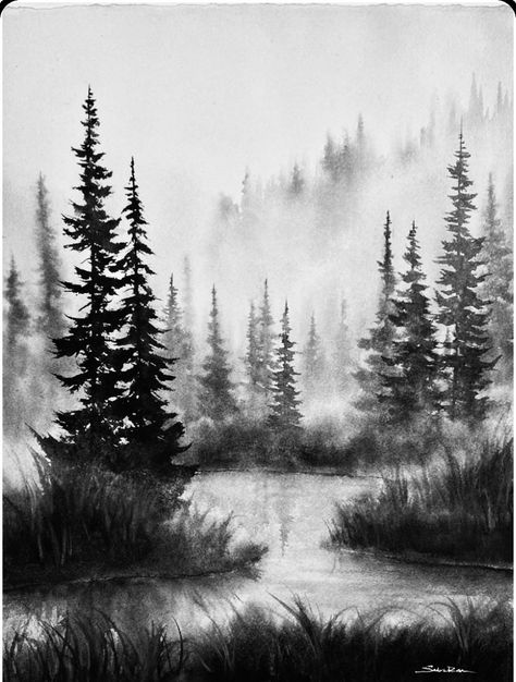 Foggy Forest Drawing Pencil, Fireplace Tattoo, Charcoal Art For Beginners, Forest Landscape Drawing, Cole Drawing, Treeline Silhouette, Fun Mural, Dot Drawings, Charcoal Landscape