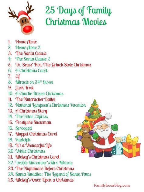 25 Christmas Movies List, Christmas Movie Day At School, 30 Days Of Christmas Movies, Movie Night Ideas Christmas, Kids Christmas Movies List, 25 Christmas Movies, Christmas Themed Movie Night Ideas, 31 Days Of Christmas Movies, Family Christmas Movies List