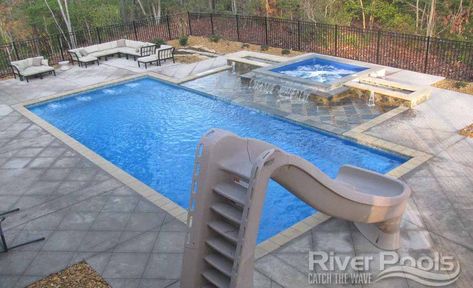 Inground Pool With Slide, Inground Pool Slides, Pool With Slide, Home Fencing, Fiberglass Pool, Black Fence, Pool Remodel, Rectangular Pool, Front Yard Fence