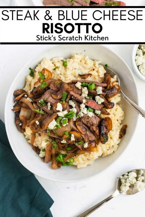 Steak and blue cheese risotto features a rich, creamy, and slightly tangy risotto topped with juicy pan-seared sirloin tip steak and lightly sweet balsamic mushrooms. #steakrisotto #bluecheeserisotto #risotto #risottorecipe #weeknightdinner #comfortfood Steak And Blue Cheese, Low Carb High Protein Foods, Instant Pot Roast, Easy Tacos, Sirloin Tip Steak, Cheese Risotto, Burgers Healthy, Balsamic Mushrooms, Keto High Protein