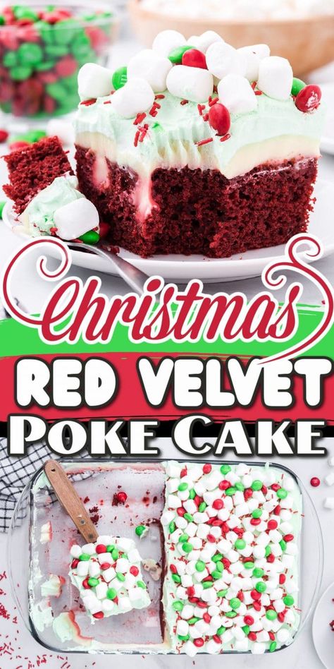 Christmas Poke Cake Holidays, Xmas Poke Cake, Desserts With Red Velvet Cake Mix Boxes, Christmas Desserts 9x13 Pan, Poke Cake Christmas, Cakes For Christmas Easy, Holiday Poke Cake Recipes, Christmas Ice Box Cake, Christmas Red Velvet Poke Cake Recipe