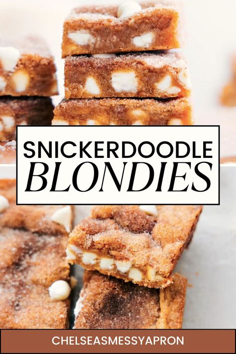 Snickerdoodle Blondies are the ultimate dessert—soft, chewy, and loaded with white chocolate chips, all topped with a sweet cinnamon-sugar layer. #dessert #best #quick #easy #simple #treat #kidfriendly #snickerdoodle #blondies White Chocolate Snickerdoodle Blondies, Snickerdoodle Blondie Bars, Snickerdoodle Brownies, Snickerdoodle Desserts, Snickerdoodle Blondies, Layer Dessert, White Chocolate Blondies, Blondie Bar, Snickerdoodles