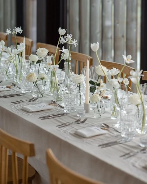 Wedding Venue Floral Decorations, Single Stem Florals Wedding, Table Seating Chart Wedding Long Tables, Simple Flower Wedding Decorations, High Top Table Decor Wedding, Minimalist Wedding Table Florals, Simple Flower Table Decor, White Flower Bud Vases Wedding, Simple Elegant Tablescapes