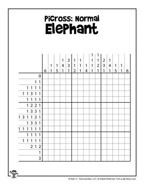 Printable Picross Grid Puzzles | Woo! Jr. Kids Activities Nonogram Puzzles Printable, Elephant Pixel Art, Pixel Art For Kids, Nonogram Puzzles, Kids Mad Libs, Printable Brain Teasers, Primary School Activities, Puzzles Printable, Grid Puzzles