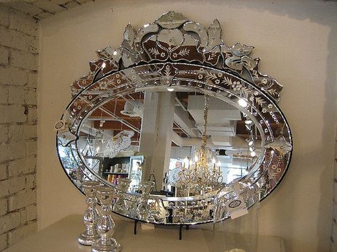 Oval Venetian Mirror | Flickr - Photo Sharing! Venetian Glass Mirror, Furniture Make, Venetian Mirror, Mirror Lamp, Vintage Mirrors, Silver Decor, Beautiful Mirrors, Personal Statement, Mirrored Furniture