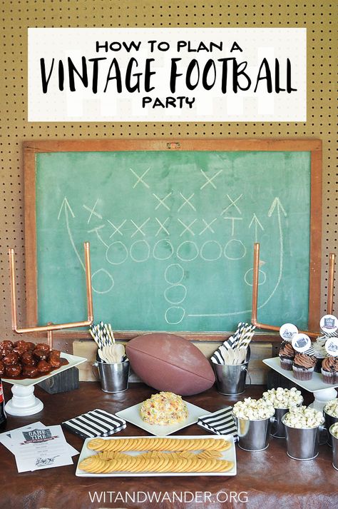 DIY Vintage Football Party Tailgate - Wit & Wander Vintage Football Party, Bacon Cheeseball, Football Party Printables, Tailgating Setup, Football Centerpieces, Party Decorations Diy, Football Party Decorations, Football Baby Shower, Wildcats Football