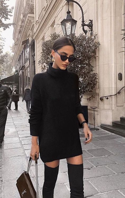 black turtleneck sweater dress with over the knee boots. Visit Daily Dress Me at dailydressme.com for more inspiration women's fashion 2018, fall fashion, winter fashion, thigh high boots, over the knee boots,mini dresses, midi dresses, sweaters, casual outfits, street style Black Sweater Dress, Looks Street Style, Looks Black, Street Style Chic, Black Women Fashion, Mode Inspo, Looks Chic, Fashion Mode, Looks Style