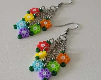 Perler Beads Earrings, Perler Bead Earrings, Perler Earrings, Melt Beads Patterns, Pearl Beads Pattern, Easy Perler Beads Ideas, Perler Bead Templates, Diy Perler Bead Crafts, Diy Perler Beads