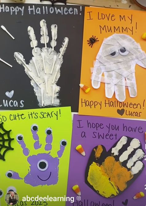 Halloween Cards Preschool, Halloween Art Projects For Infants, Infant Halloween Crafts Ideas, Spooky Handprint Art, October Process Art Preschool, Halloween Activities Crafts, Kindergarten Crafts Halloween, Paint Ideas For Preschoolers, Halloween Kids Handprint Crafts