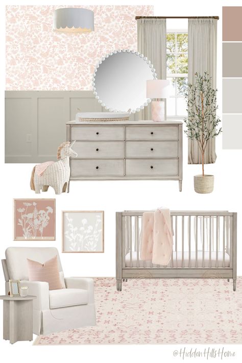 Cute baby girls nursery decor mood board with gray and pink tones! Nursery decor ideas for baby girl Sophisticated Girl Nursery, Gray Nursery Girl, Decor Mood Board, Pink Baby Room, Vintage Girl Nursery, Baby Girls Room, Girly Nursery, Baby Nursery Inspiration