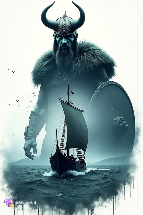 This stunning illustration features a powerful Viking warrior clad in armor with a horned helmet and a massive shield. In the foreground, a drakkar sails through the cold, churning sea. The intricate details, like the ocean spray, wild birds, and the warrior's mystical aura, evoke a sense of epic sagas and ancient strength. Perfect for lovers of Norse mythology and Viking history! #VikingArt #NorseMythology #EpicIllustration #DigitalArt #FantasyArt #Vikings #Mythology #Illustration Draugr Norse Mythology, Vikings Mythology, Viking Warrior Art, Mythology Illustration, Viking Warrior Men, Horned Helmet, Viking Warrior Tattoos, Pirate Ship Art, Viking Ships