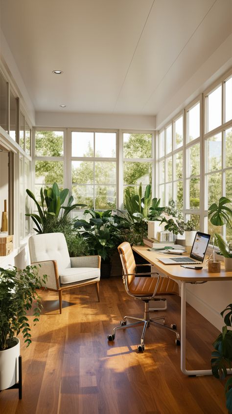 Transform your sunroom into a cozy home office with stylish decor and abundant natural light. Use comfy furniture and clever storage solutions for a functional and inviting workspace. #sunroom #cozyhomeoffice #officeinspo #homeofficedecor #naturalight #officeorganization #officecolors #homedécor #homeofficeideas #decoration Sunroom Desk Ideas, Modern Cozy Home Office, California Casual Home Office, Atrium Office Design, Cozy Office Interior Design, Light And Bright Home Office, Sunroom Office Ideas Layout, Office Space With Plants, Nature Inspired Office Design