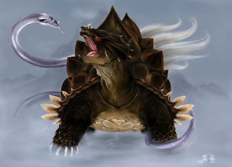 The Black Tortoise of the North Japanese Mythical Creatures, Phoenix Images, Monsters Art, Yellow Dragon, Black Tortoise, Asian Tattoos, Chinese Mythology, Ancient Origins, Mythical Beast