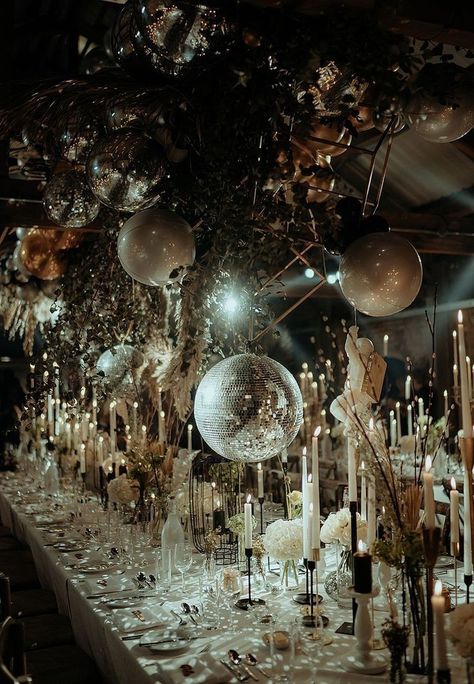 Balloons And Disco Balls, Candles And Disco Balls, Disco Reception Decor, Luxe Disco Wedding, Glam Disco Wedding, Discoball Wedding Tables, Classy Disco Ball Decor, Dark Disco Wedding, Wedding Disco Theme