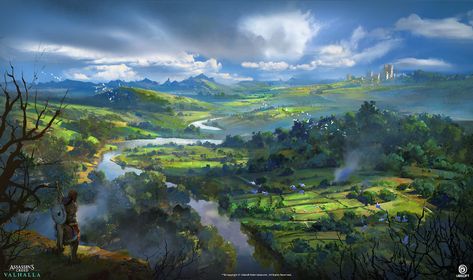 ArtStation - Assassin's Creed Valhalla - England Vista: Lush Mood, Donglu Yu Valhalla Art, Assassins Creed Valhalla, Assassin's Creed Valhalla, Landscape Concept, Cyberpunk City, Fantasy Setting, Fantasy Places, Fantasy Art Landscapes, Fantasy Concept Art